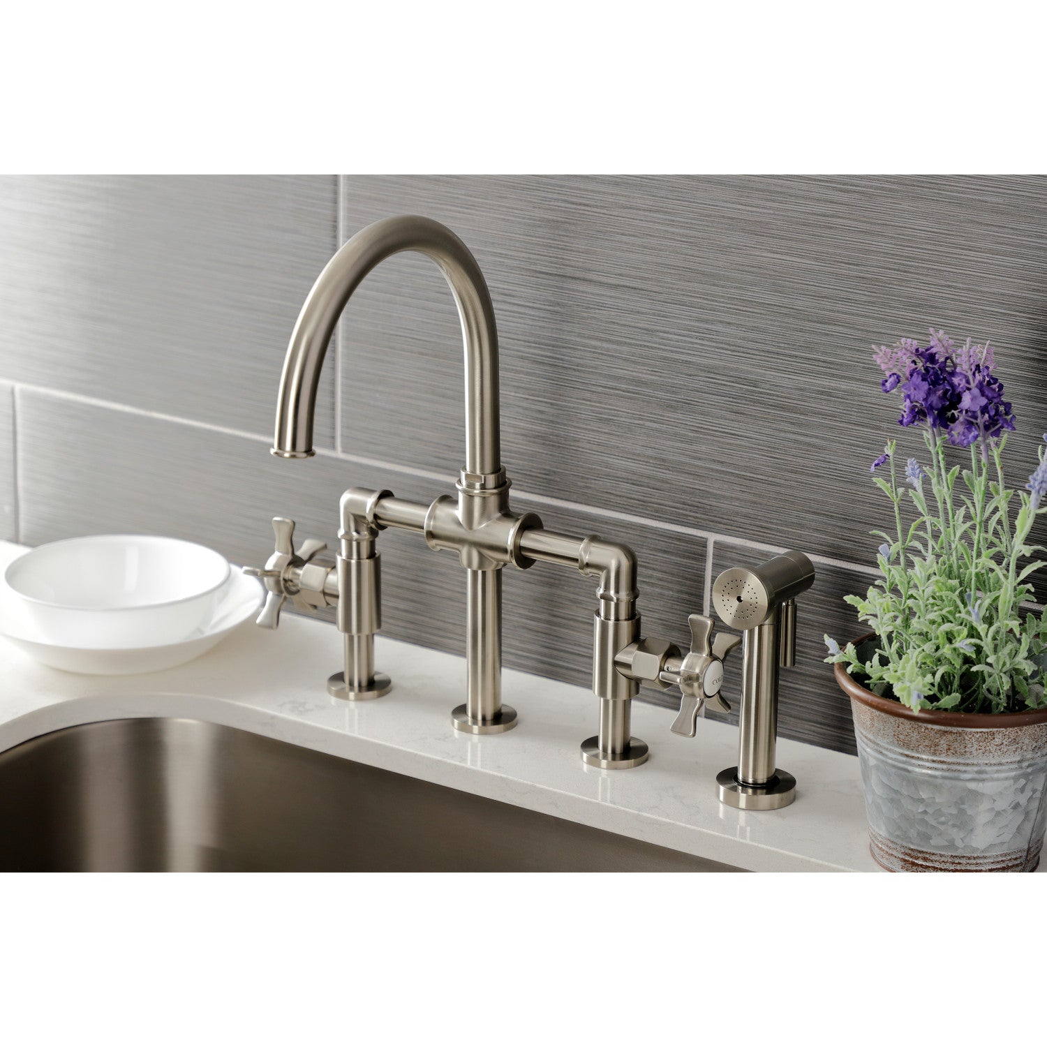Kingston Sona KS2338NX - Hamilton Two-Handle 4-Hole Deck Mount Industrial Style Bridge Kitchen Faucet with Brass Sprayer, Brushed Nickel — thumbnail 3